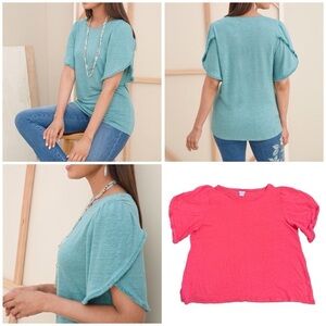 Chico’s 100% Linen Knit Top Flutter Sleeve Fringe in Calypso Coral Size Large